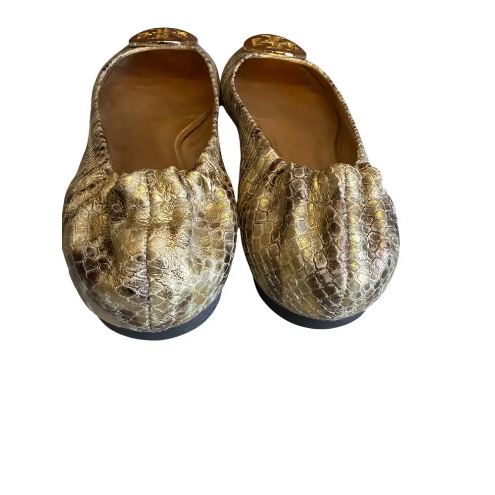 Tory Burch Reva Snake Python Print Ballet Flats Metallic Gold  7